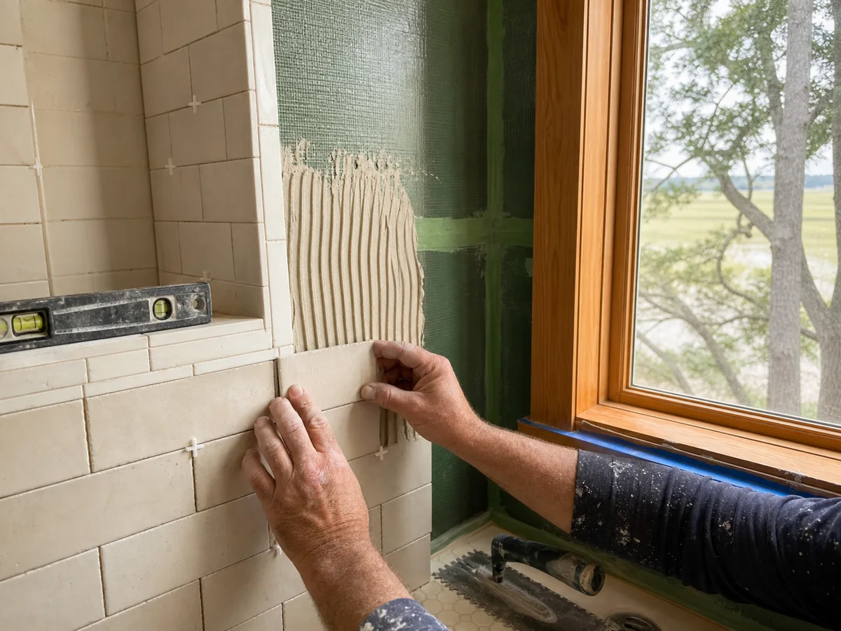Careful bathroom remodeling craftsmanship in an older Suffolk home